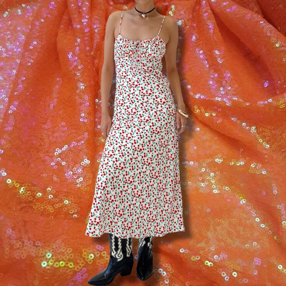 90’s milkmaid coquette white and red cherry print tie front midi maxi dress